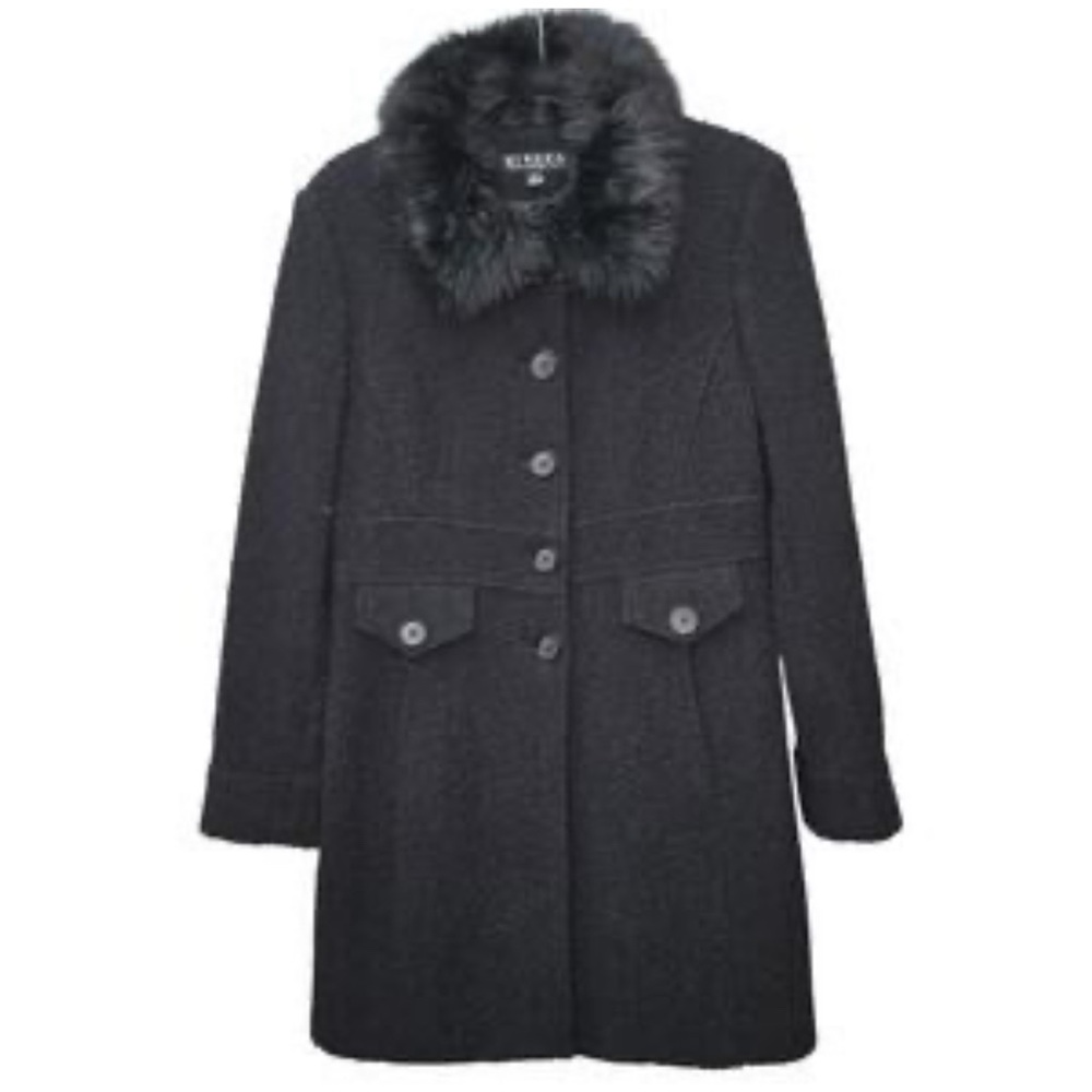 Giacca Black Pea Coat with Faux Fur Collar